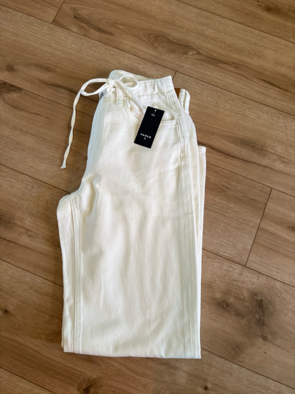 Parke Mid-Rise Drawstring Baggy Jeans in Cream